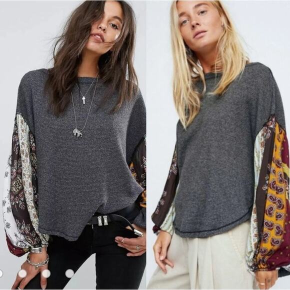 we the free mixed print thermal top -- boho balloon sleeve free people - Picture 1 of 7